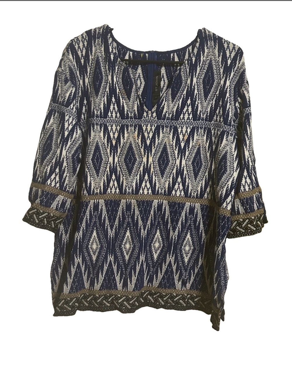 ST. JOHN Blue and White Geometric Boho Knit Kaftan Sweater